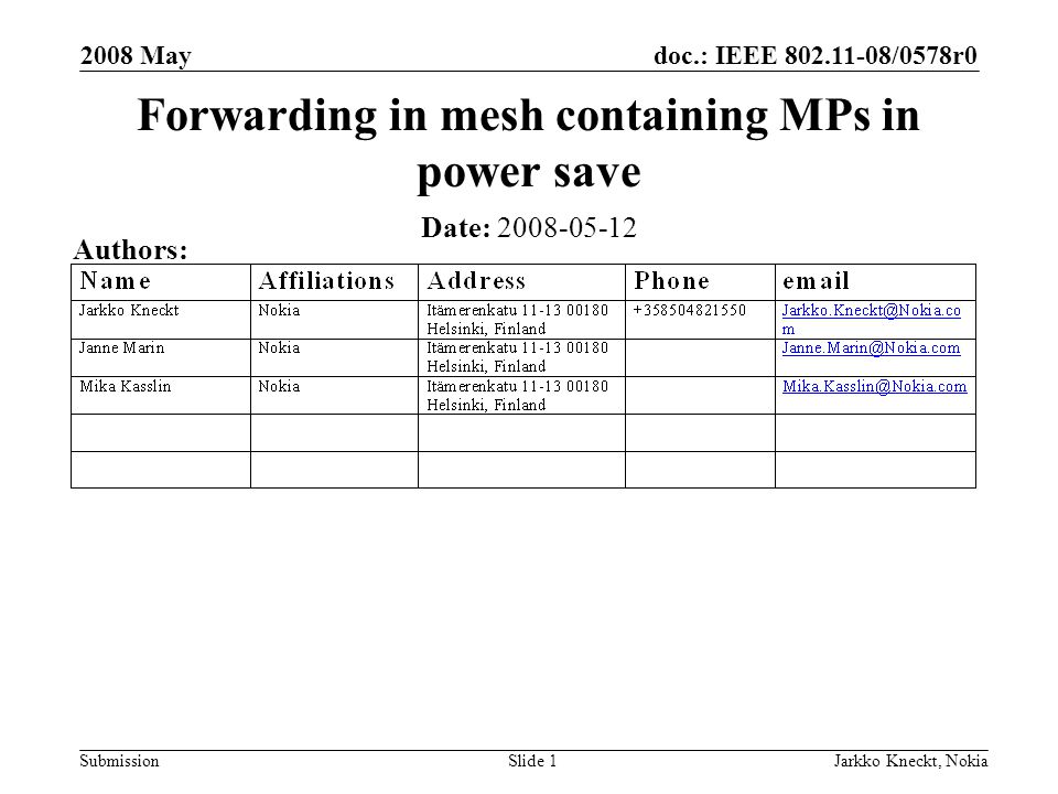 doc.: IEEE /0578r0 Submission 2008 May Jarkko Kneckt, NokiaSlide 1 Forwarding in mesh containing MPs in power save Date: Authors: