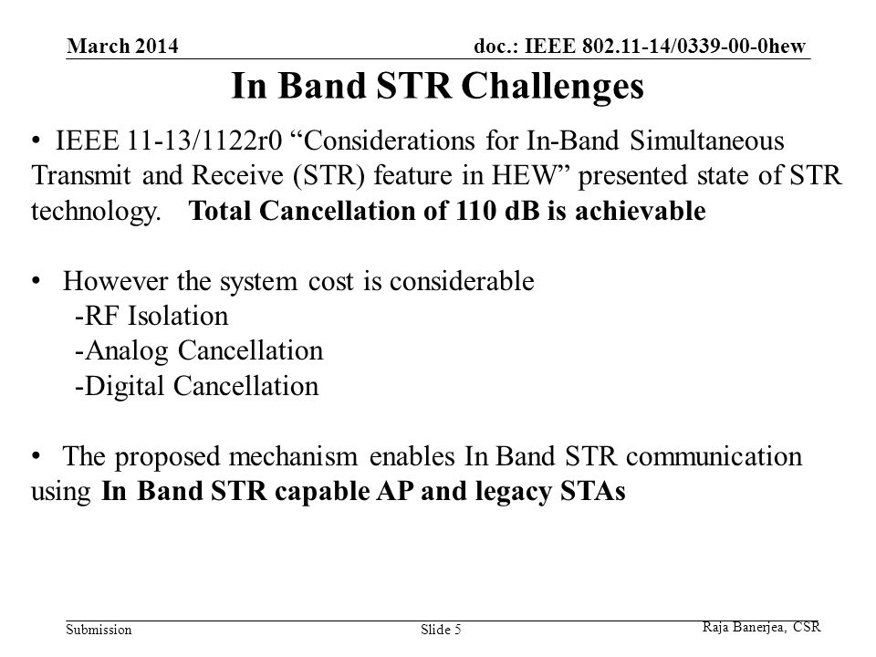 doc.: IEEE / hew Submission In Band STR Challenges March 2014 Slide 5 IEEE 11-13/1122r0 Considerations for In-Band Simultaneous Transmit and Receive (STR) feature in HEW presented state of STR technology.