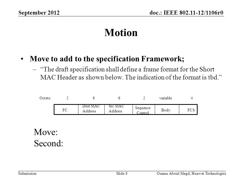 doc.: IEEE /1106r0 Submission Motion Move to add to the specification Framework; – The draft specification shall define a frame format for the Short MAC Header as shown below.