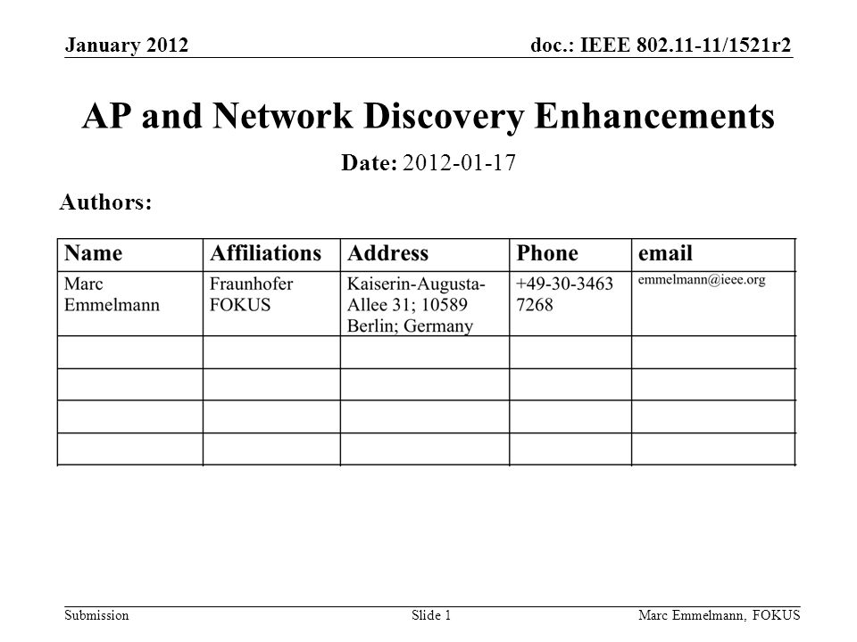 doc.: IEEE /1521r2 Submission January 2012 Marc Emmelmann, FOKUSSlide 1 AP and Network Discovery Enhancements Date: Authors:
