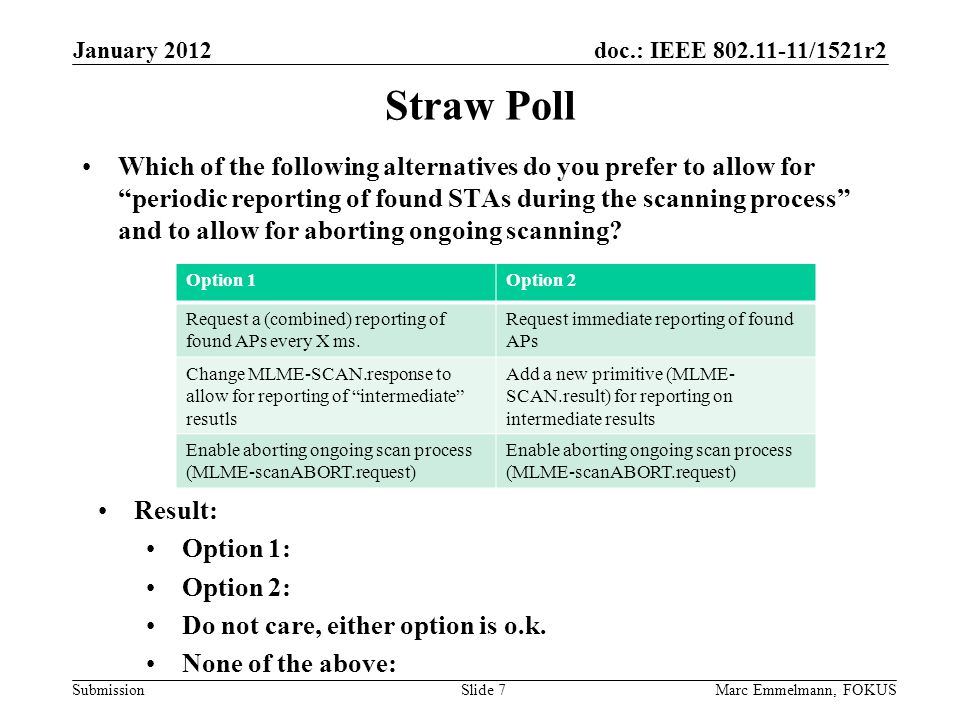 doc.: IEEE /1521r2 Submission Straw Poll Which of the following alternatives do you prefer to allow for periodic reporting of found STAs during the scanning process and to allow for aborting ongoing scanning.