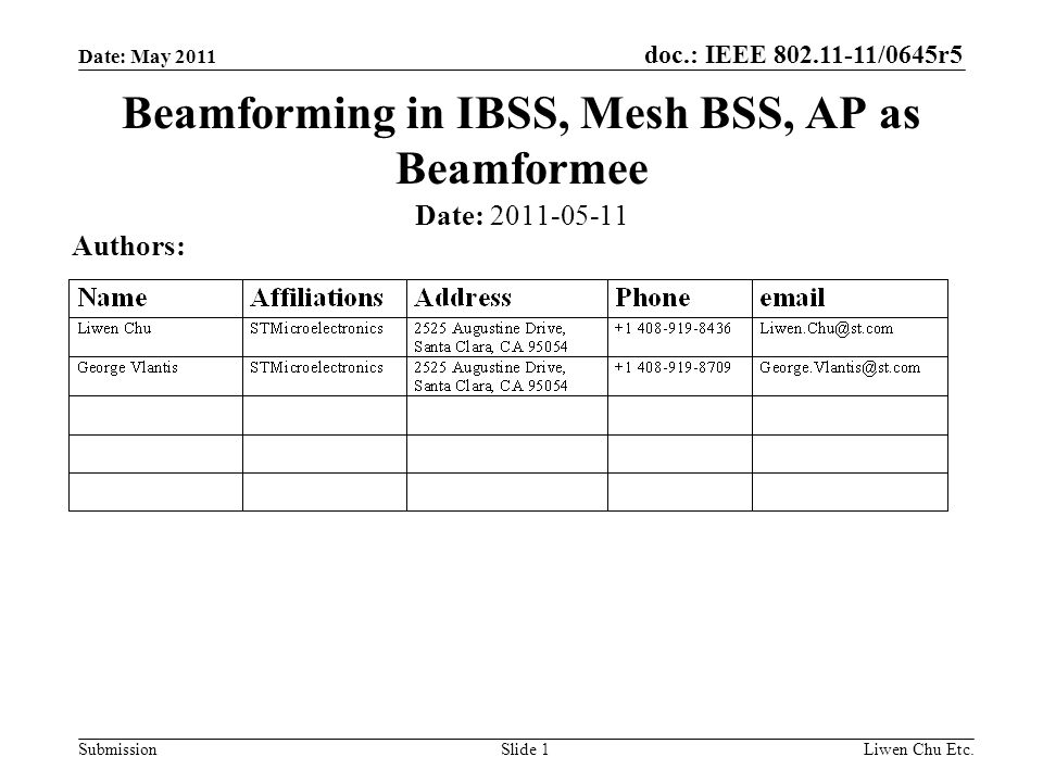 doc.: IEEE /0645r5 SubmissionLiwen Chu Etc.Slide 1 Beamforming in IBSS, Mesh BSS, AP as Beamformee Date: Authors: Date: May 2011
