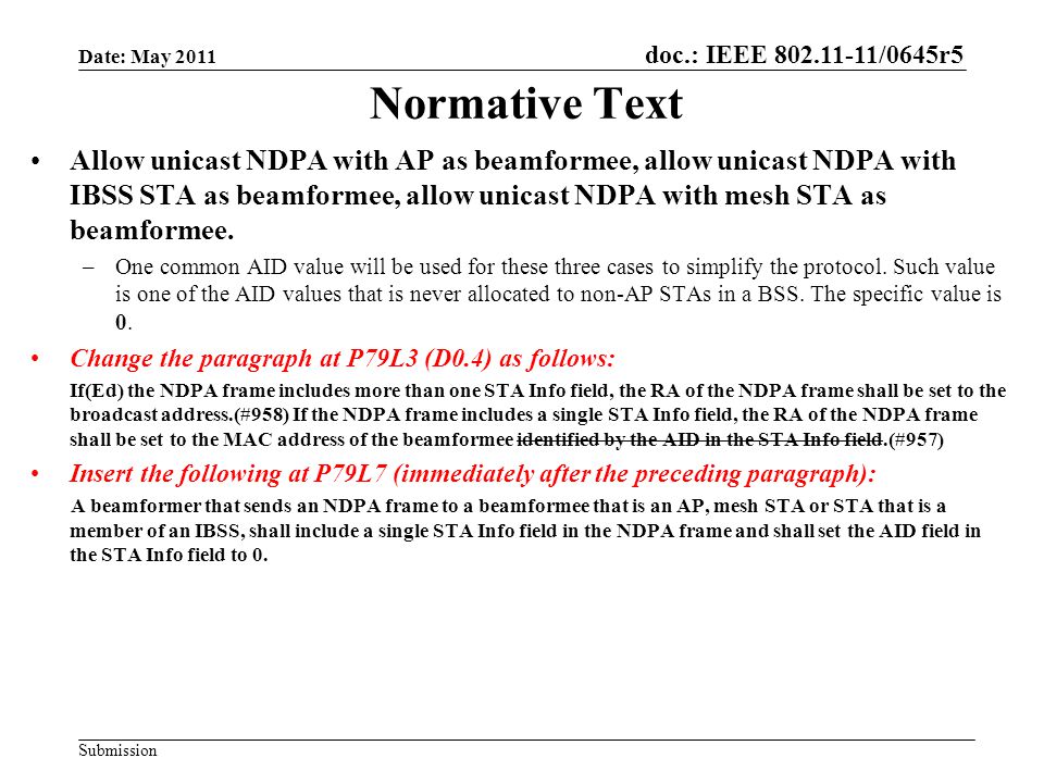 doc.: IEEE /0645r5 Submission Normative Text Allow unicast NDPA with AP as beamformee, allow unicast NDPA with IBSS STA as beamformee, allow unicast NDPA with mesh STA as beamformee.