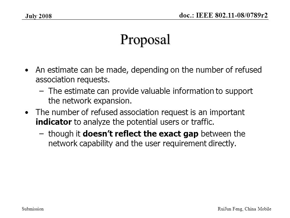 doc.: IEEE /0789r2 Submission July 2008 RuiJun Feng, China Mobile Proposal An estimate can be made, depending on the number of refused association requests.