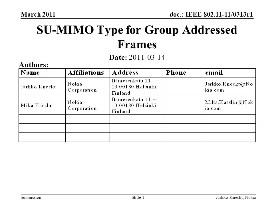 doc.: IEEE /0313r1 Submission March 2011 Jarkko Kneckt, NokiaSlide 1 SU-MIMO Type for Group Addressed Frames Date: Authors: