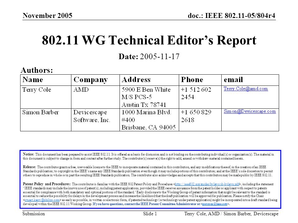 doc.: IEEE /804r4 Submission November 2005 Terry Cole, AMD / Simon Barber, DevicescapeSlide WG Technical Editor’s Report Notice: This document has been prepared to assist IEEE