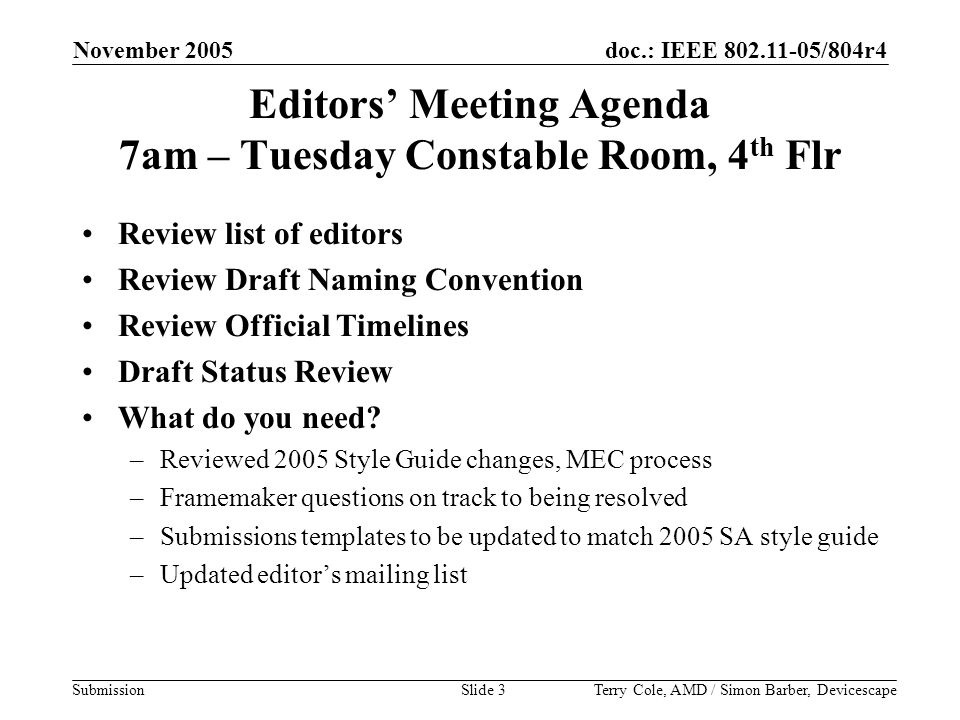doc.: IEEE /804r4 Submission November 2005 Terry Cole, AMD / Simon Barber, DevicescapeSlide 3 Editors’ Meeting Agenda 7am – Tuesday Constable Room, 4 th Flr Review list of editors Review Draft Naming Convention Review Official Timelines Draft Status Review What do you need.