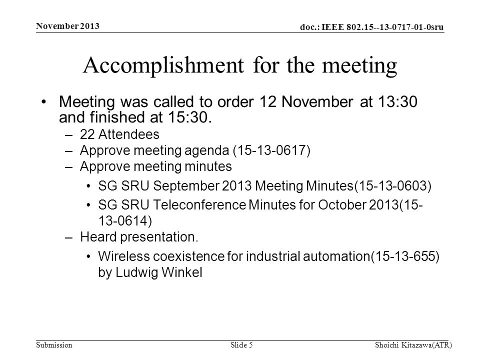 doc.: IEEE sru Submission Meeting was called to order 12 November at 13:30 and finished at 15:30.