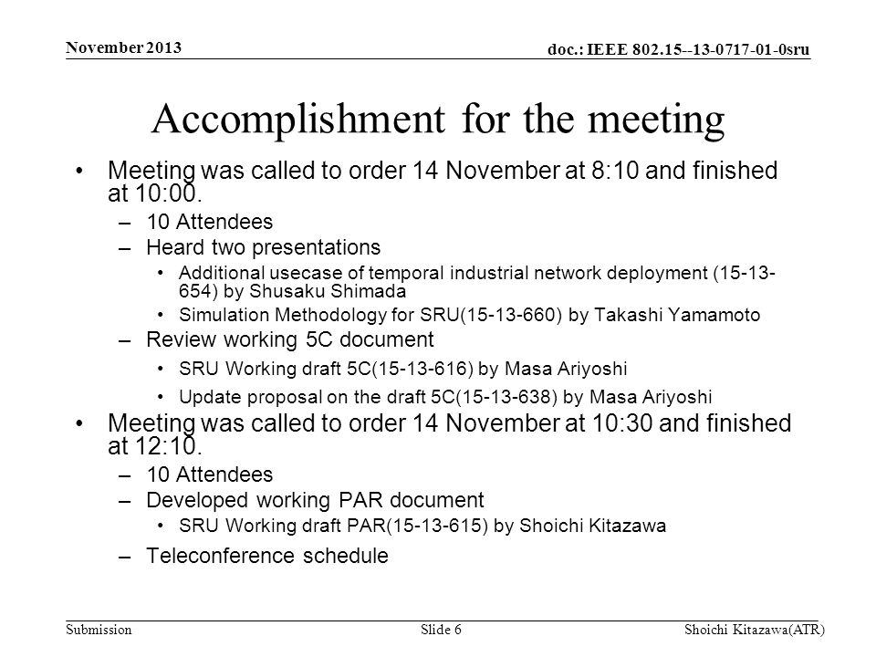 doc.: IEEE sru Submission Meeting was called to order 14 November at 8:10 and finished at 10:00.