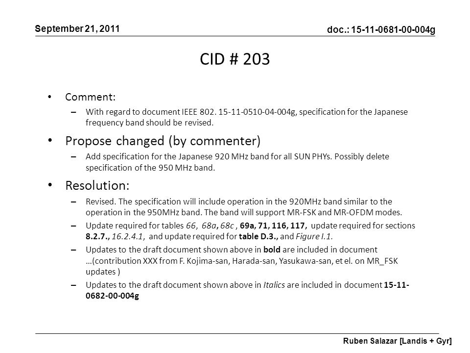 doc.: g September 21, 2011 Ruben Salazar [Landis + Gyr] Comment: – With regard to document IEEE 802.