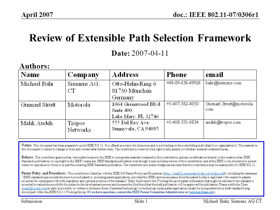 doc.: IEEE /0306r1 Submission April 2007 Michael Bahr, Siemens AG CTSlide 1 Review of Extensible Path Selection Framework Notice: This document has been prepared to assist IEEE