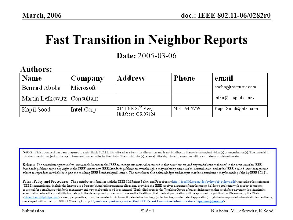 doc.: IEEE /0282r0 Submission March, 2006 B Aboba, M Lefkowitz, K SoodSlide 1 Fast Transition in Neighbor Reports Notice: This document has been prepared to assist IEEE