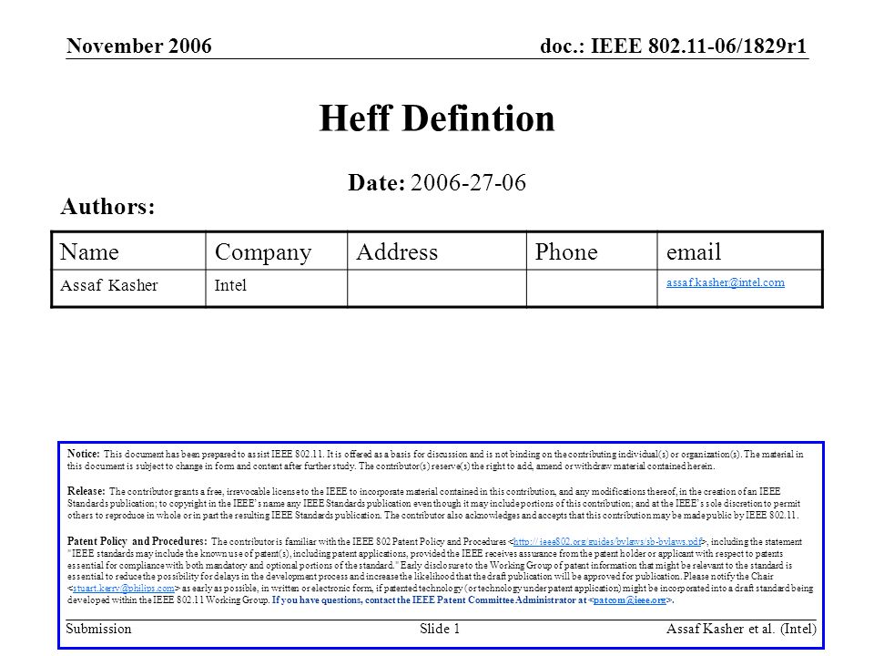 doc.: IEEE /1829r1 Submission November 2006 Assaf Kasher et al.