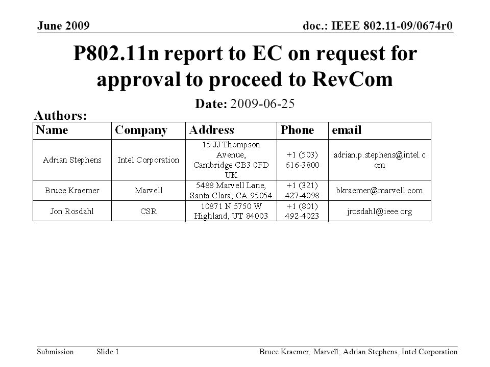 doc.: IEEE /0674r0 Submission June 2009 Bruce Kraemer, Marvell; Adrian Stephens, Intel Corporation Slide 1 P802.11n report to EC on request for approval to proceed to RevCom Date: Authors: