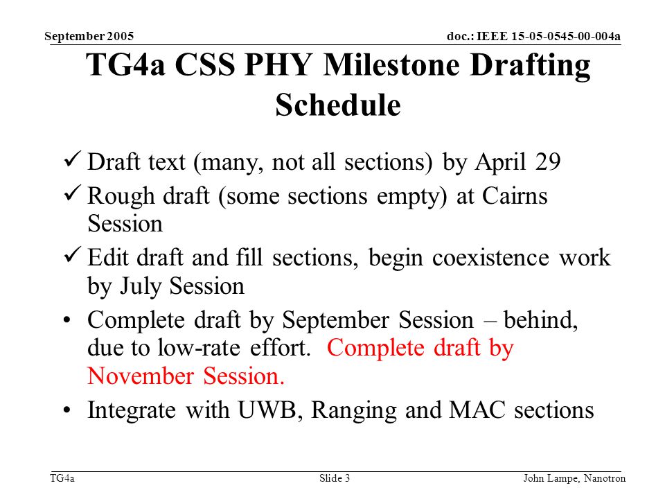 doc.: IEEE a TG4a September 2005 John Lampe, NanotronSlide 3 TG4a CSS PHY Milestone Drafting Schedule Draft text (many, not all sections) by April 29 Rough draft (some sections empty) at Cairns Session Edit draft and fill sections, begin coexistence work by July Session Complete draft by September Session – behind, due to low-rate effort.
