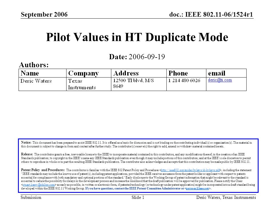 doc.: IEEE /1524r1 Submission September 2006 Deric Waters, Texas InstrumentsSlide 1 Pilot Values in HT Duplicate Mode Notice: This document has been prepared to assist IEEE