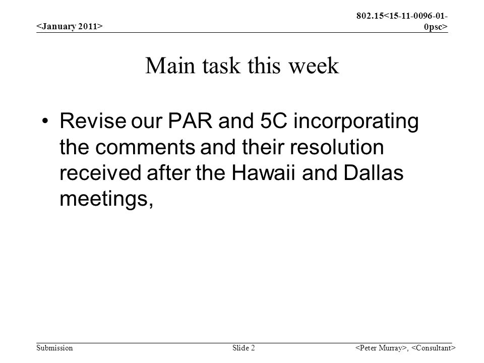 Submission Main task this week Revise our PAR and 5C incorporating the comments and their resolution received after the Hawaii and Dallas meetings,, Slide 2