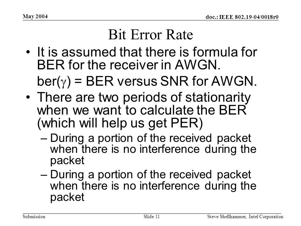 doc.: IEEE /0018r0 Submission May 2004 Steve Shellhammer, Intel CorporationSlide 11 Bit Error Rate It is assumed that there is formula for BER for the receiver in AWGN.