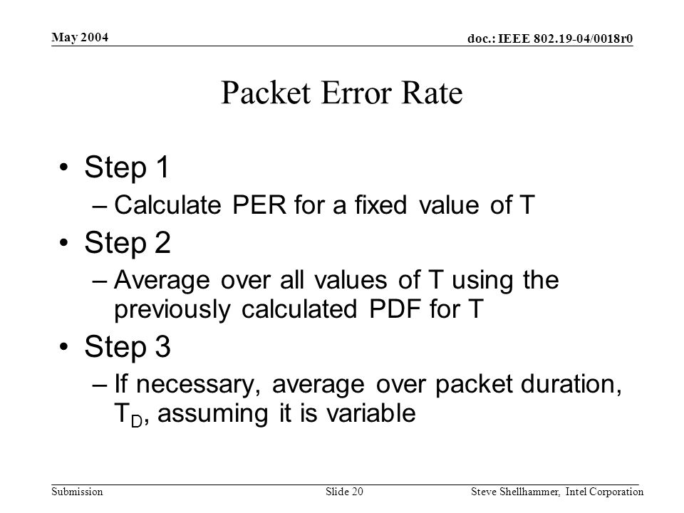 doc.: IEEE /0018r0 Submission May 2004 Steve Shellhammer, Intel CorporationSlide 20 Packet Error Rate Step 1 –Calculate PER for a fixed value of T Step 2 –Average over all values of T using the previously calculated PDF for T Step 3 –If necessary, average over packet duration, T D, assuming it is variable
