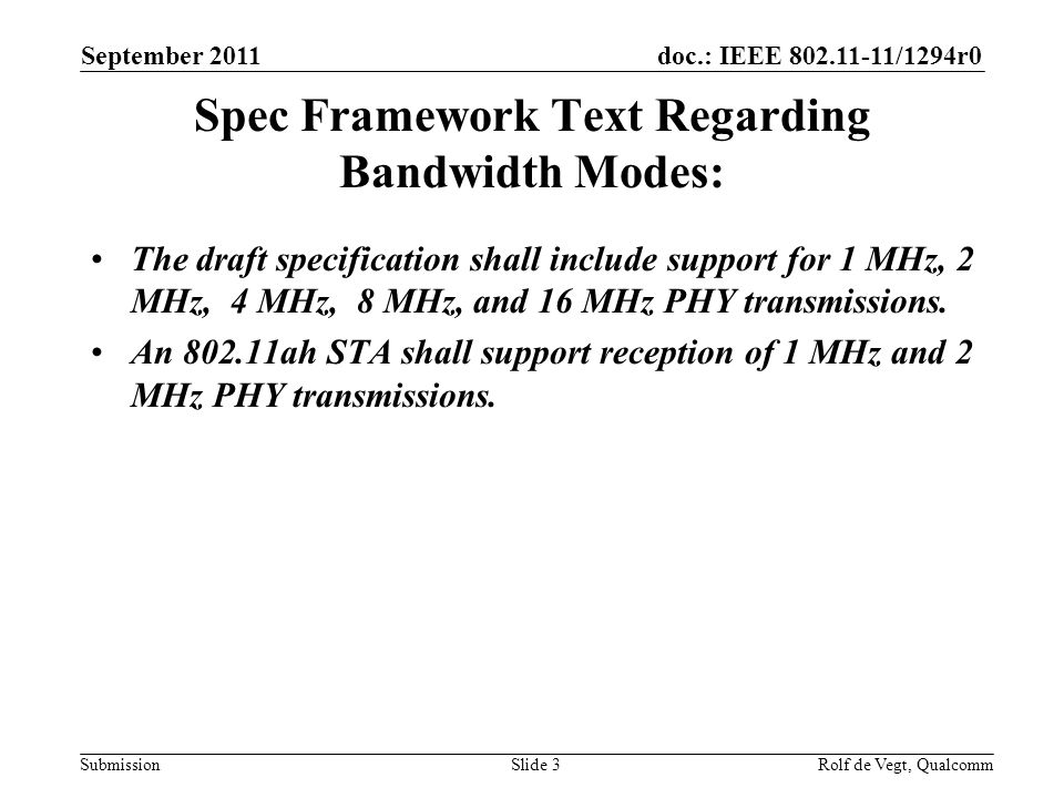 doc.: IEEE /1294r0 Submission Spec Framework Text Regarding Bandwidth Modes: The draft specification shall include support for 1 MHz, 2 MHz, 4 MHz, 8 MHz, and 16 MHz PHY transmissions.