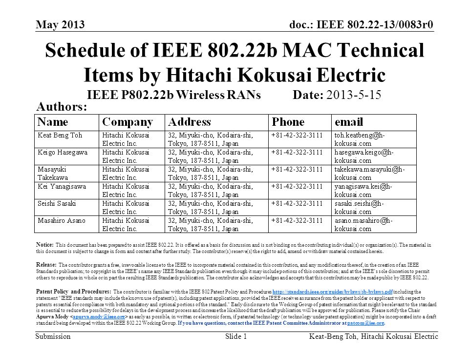 doc.: IEEE /0083r0 Submission May 2013 Keat-Beng Toh, Hitachi Kokusai ElectricSlide 1 Schedule of IEEE b MAC Technical Items by Hitachi Kokusai Electric IEEE P802.22b Wireless RANs Date: Authors: Notice: This document has been prepared to assist IEEE