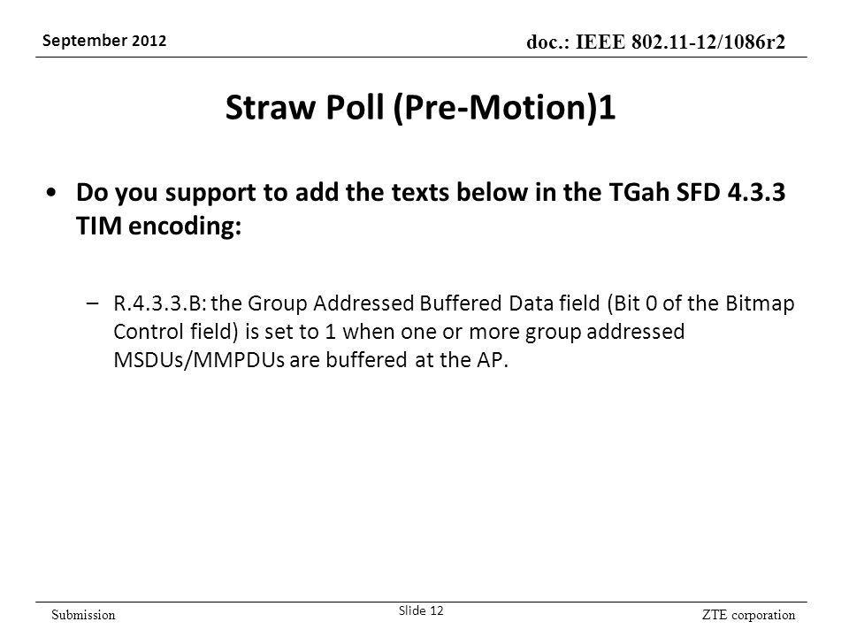 ZTE corporation doc.: IEEE /1086r2 September 2012 Submission Straw Poll (Pre-Motion)1 Do you support to add the texts below in the TGah SFD TIM encoding: –R B: the Group Addressed Buffered Data field (Bit 0 of the Bitmap Control field) is set to 1 when one or more group addressed MSDUs/MMPDUs are buffered at the AP.