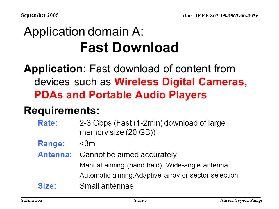 doc.: IEEE c Submission September 2005 Alireza Seyedi, PhilipsSlide 3 Application domain A: Fast Download Application: Fast download of content from devices such as Wireless Digital Cameras, PDAs and Portable Audio Players Requirements: Rate: 2-3 Gbps (Fast (1-2min) download of large memory size (20 GB)) Range: <3m Antenna: Cannot be aimed accurately Manual aiming (hand held): Wide-angle antenna Automatic aiming:Adaptive array or sector selection Size: Small antennas