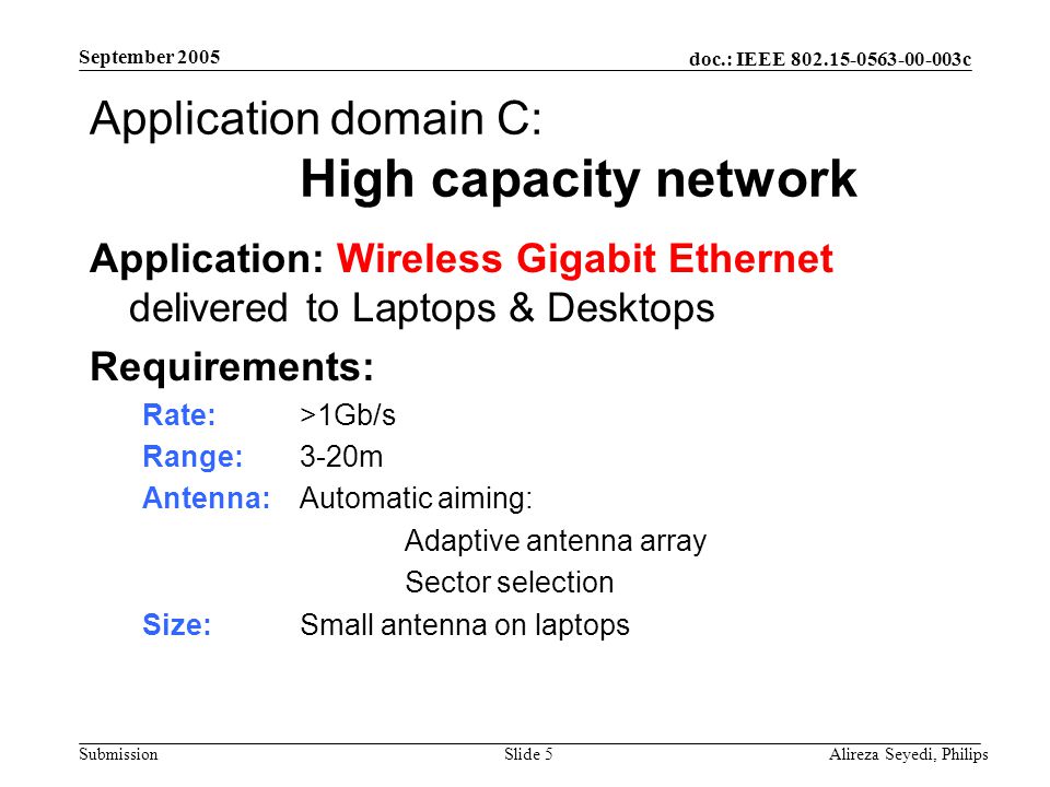 doc.: IEEE c Submission September 2005 Alireza Seyedi, PhilipsSlide 5 Application domain C: High capacity network Application: Wireless Gigabit Ethernet delivered to Laptops & Desktops Requirements: Rate:>1Gb/s Range: 3-20m Antenna: Automatic aiming: Adaptive antenna array Sector selection Size: Small antenna on laptops