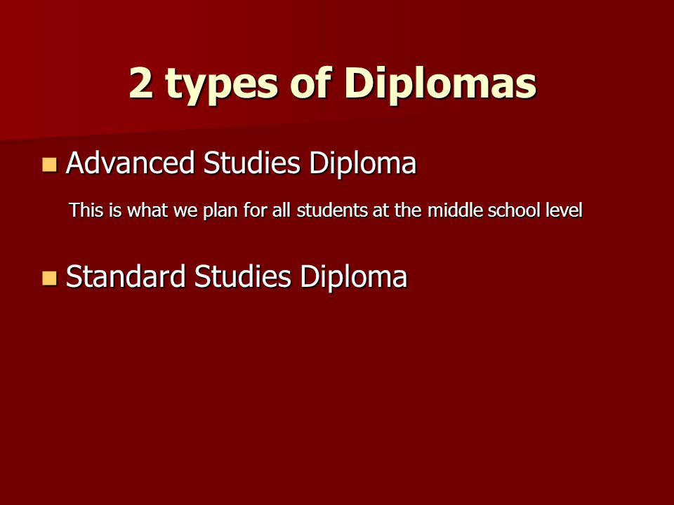 2 types of Diplomas Advanced Studies Diploma Advanced Studies Diploma This is what we plan for all students at the middle school level This is what we plan for all students at the middle school level Standard Studies Diploma Standard Studies Diploma