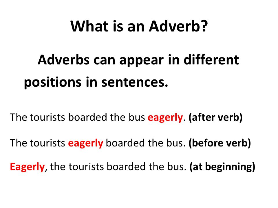 What is an Adverb. Adverbs can appear in different positions in sentences.