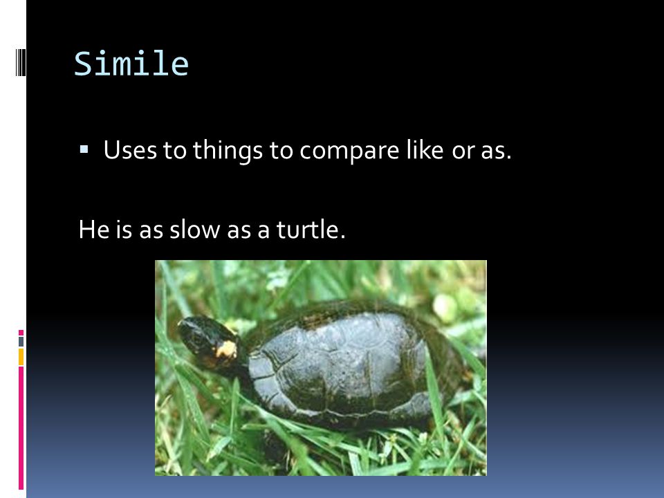 Simile  Uses to things to compare like or as. He is as slow as a turtle.