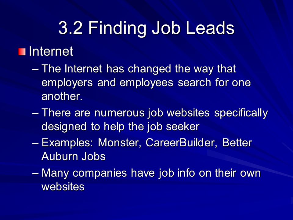 3.2 Finding Job Leads Internet –The Internet has changed the way that employers and employees search for one another.