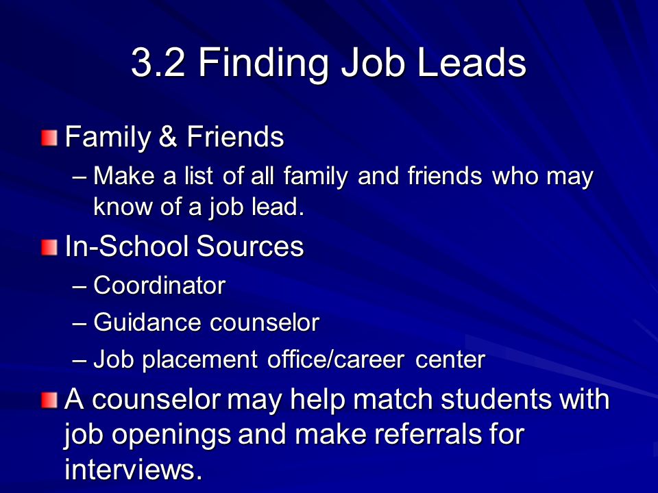 3.2 Finding Job Leads Family & Friends –Make a list of all family and friends who may know of a job lead.