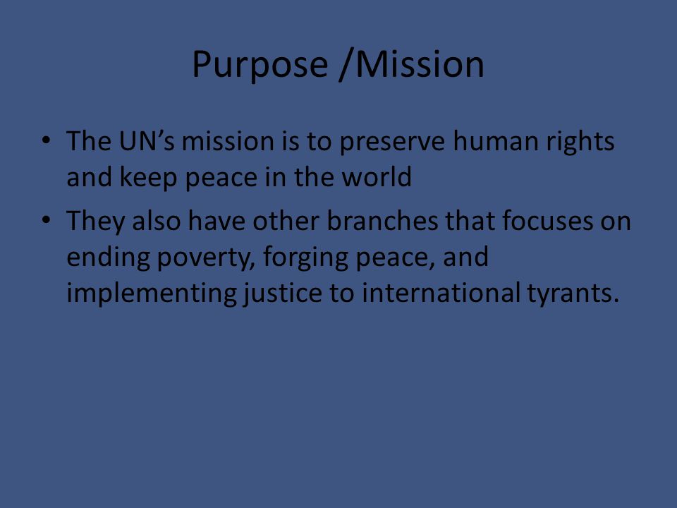 Purpose /Mission The UN’s mission is to preserve human rights and keep peace in the world They also have other branches that focuses on ending poverty, forging peace, and implementing justice to international tyrants.