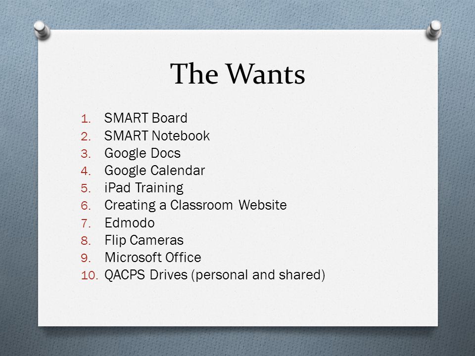 The Wants 1. SMART Board 2. SMART Notebook 3. Google Docs 4.