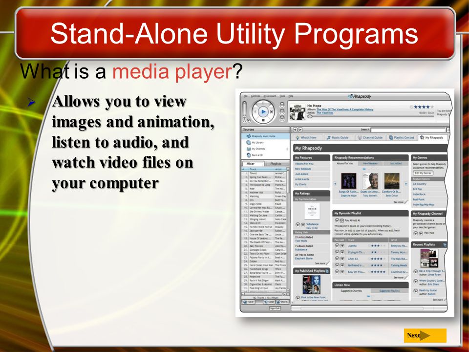 Stand-Alone Utility Programs What is a media player.