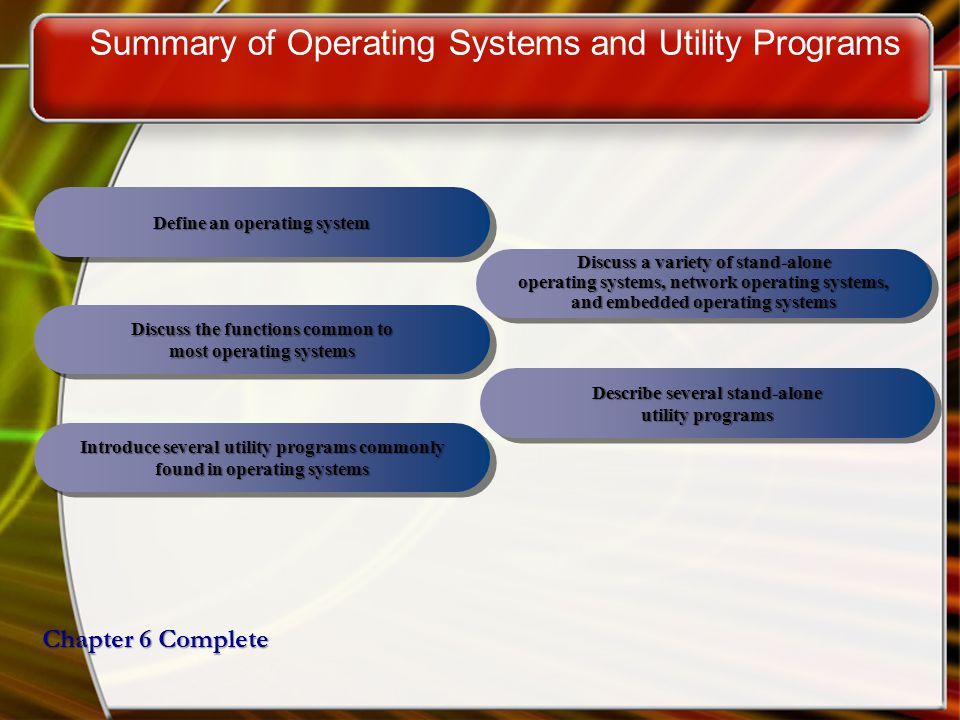 Summary of Operating Systems and Utility Programs Chapter 6 Complete Define an operating system Discuss the functions common to most operating systems Introduce several utility programs commonly found in operating systems Discuss a variety of stand-alone operating systems, network operating systems, and embedded operating systems Describe several stand-alone utility programs
