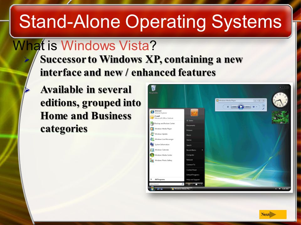  Successor to Windows XP, containing a new interface and new / enhanced features Stand-Alone Operating Systems What is Windows Vista.