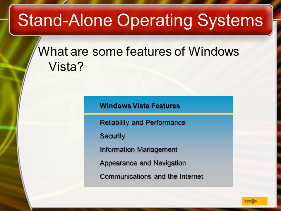 Windows Vista Features Reliability and Performance Security Information Management Appearance and Navigation Communications and the Internet Stand-Alone Operating Systems What are some features of Windows Vista.