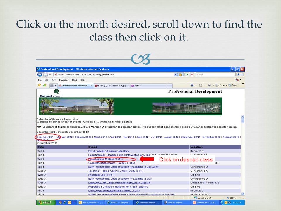  Click on the month desired, scroll down to find the class then click on it.