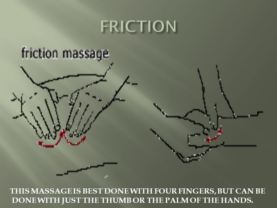 THIS MASSAGE IS BEST DONE WITH FOUR FINGERS, BUT CAN BE DONE WITH JUST THE THUMB OR THE PALM OF THE HANDS.