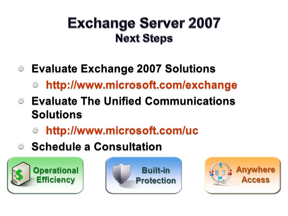 Evaluate Exchange 2007 Solutions   Evaluate The Unified Communications Solutions   Schedule a Consultation Built-inProtection AnywhereAccess OperationalEfficiency