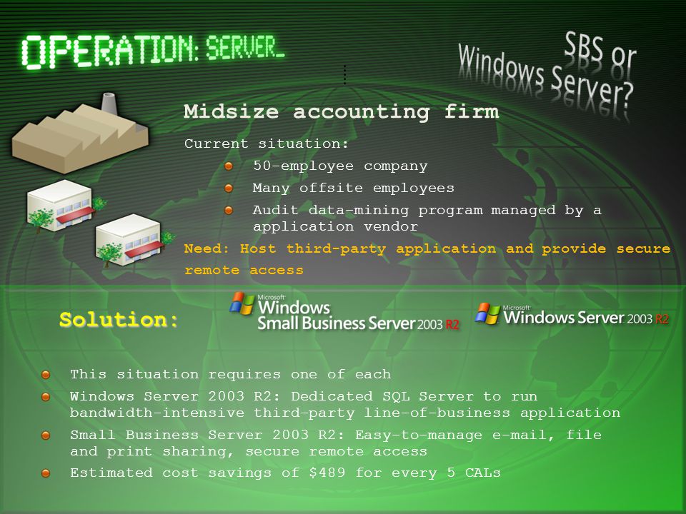 Midsize accounting firm Current situation: 50-employee company Many offsite employees Audit data-mining program managed by a application vendor Need: Host third-party application and provide secure remote access Solution: This situation requires one of each Windows Server 2003 R2: Dedicated SQL Server to run bandwidth-intensive third-party line-of-business application Small Business Server 2003 R2: Easy-to-manage  , file and print sharing, secure remote access Estimated cost savings of $489 for every 5 CALs