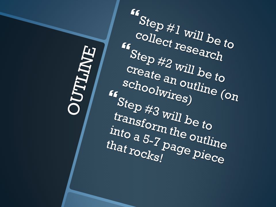 OUTLINE  Step #1 will be to collect research  Step #2 will be to create an outline (on schoolwires)  Step #3 will be to transform the outline into a 5-7 page piece that rocks!