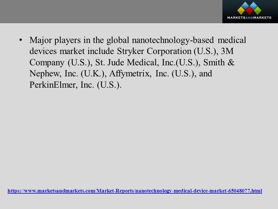 Major players in the global nanotechnology-based medical devices market include Stryker Corporation (U.S.), 3M Company (U.S.), St.