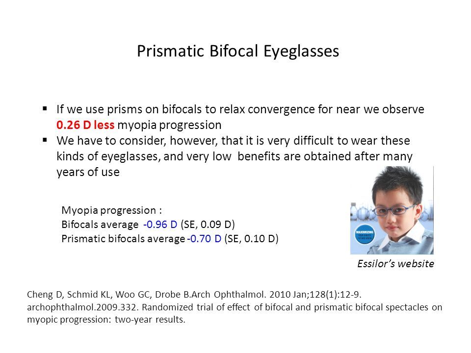 Prismatic Bifocal Eyeglasses Myopia progression : Bifocals average D (SE, 0.09 D) Prismatic bifocals average D (SE, 0.10 D) Essilor’s website Cheng D, Schmid KL, Woo GC, Drobe B.Arch Ophthalmol.