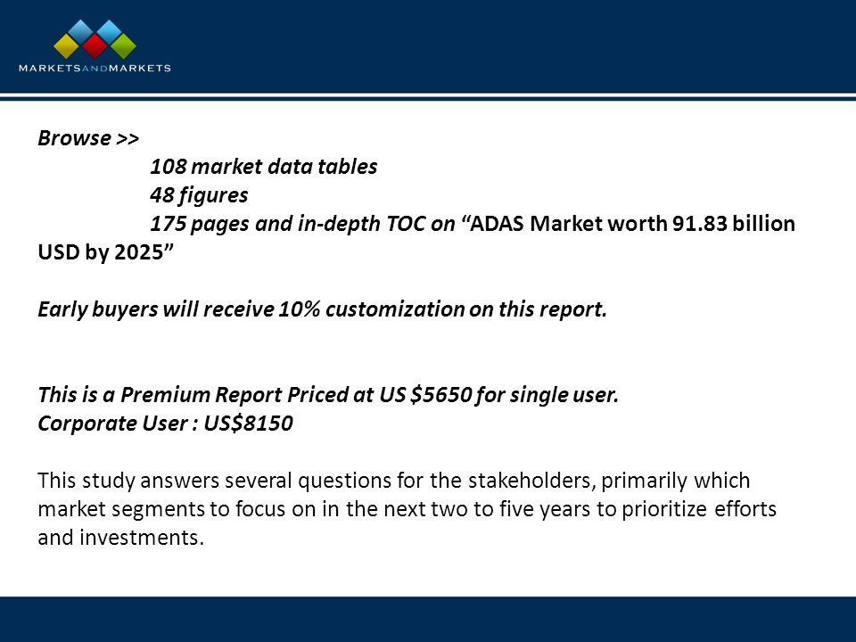 Browse >> 108 market data tables 48 figures 175 pages and in-depth TOC on ADAS Market worth billion USD by 2025 Early buyers will receive 10% customization on this report.