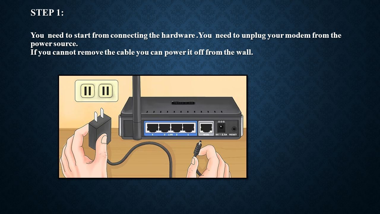HOW TO SETUP NETGEAR ROUTER?. STEP 1: You need to start from connecting the  hardware.You need to unplug your modem from the power source. If you  cannot. - ppt download