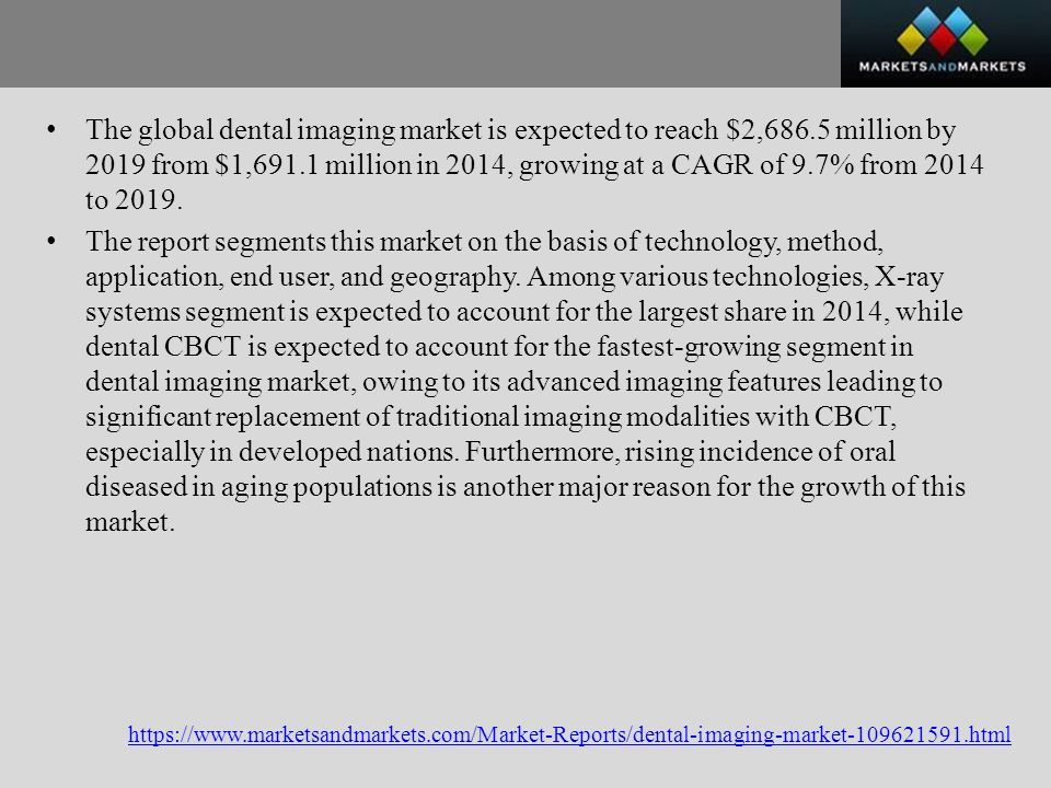 The global dental imaging market is expected to reach $2,686.5 million by 2019 from $1,691.1 million in 2014, growing at a CAGR of 9.7% from 2014 to 2019.