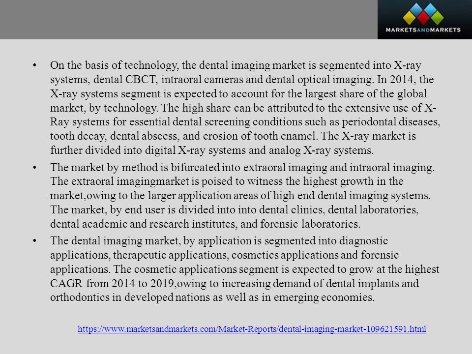 On the basis of technology, the dental imaging market is segmented into X-ray systems, dental CBCT, intraoral cameras and dental optical imaging.